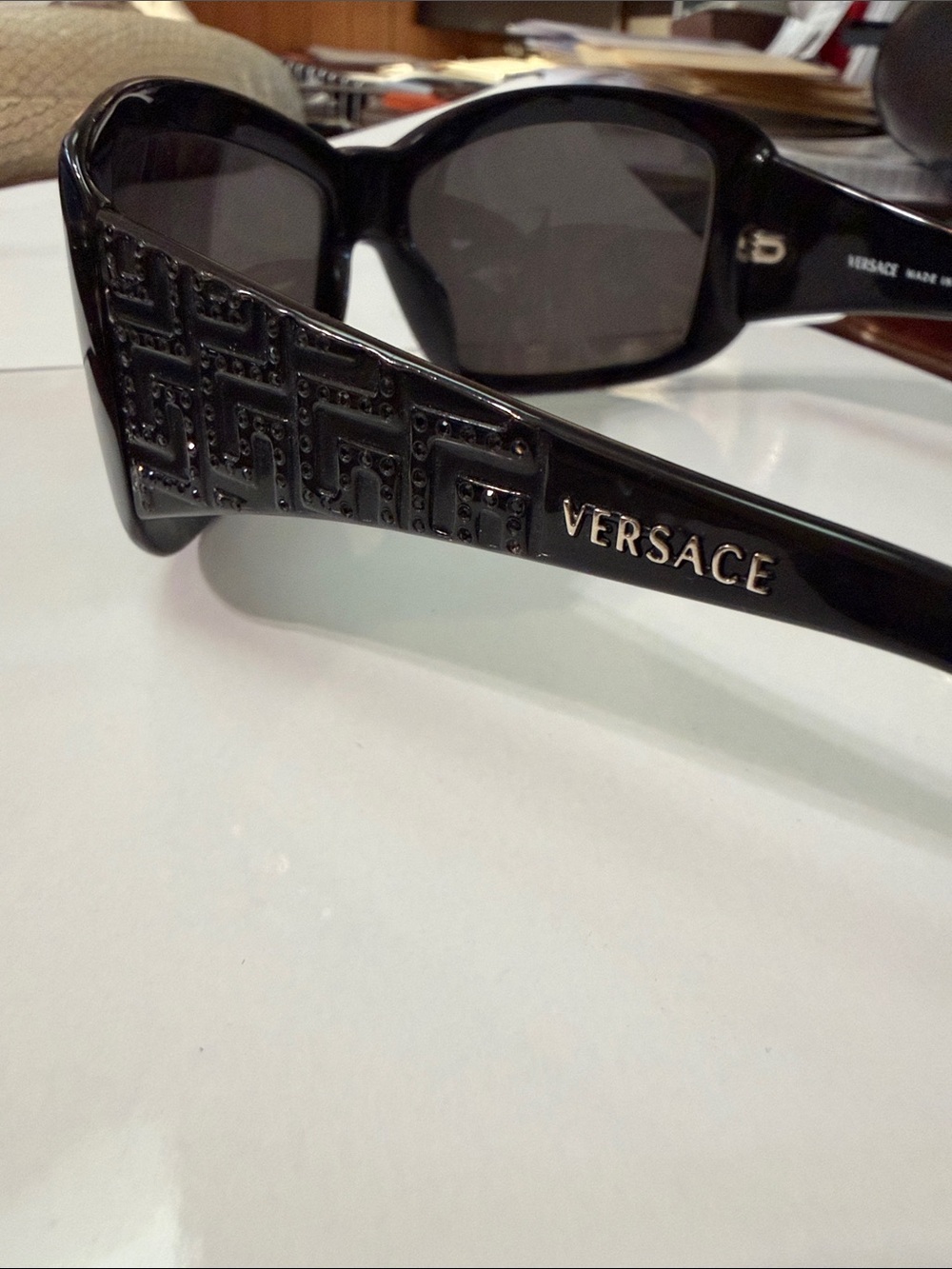 Versace Black Gloss Rectangular Sunglasses with Textured Temples